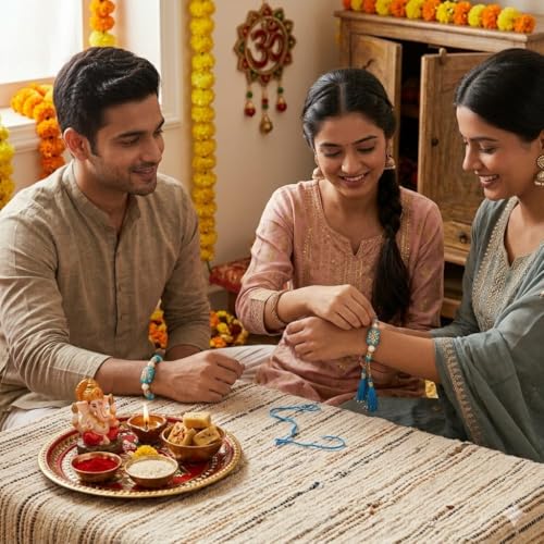 Image of SAUDEEP INDIA Decorative Fridge Magnet for Refrigerator Decor | Free Blue Stone Lumba Rakhi Set for Bhaiya Bhabhi with Rakhi for Brother | Raksha Bandhan Gift Combo | Festive Home Decor(Couple Rakhi)
