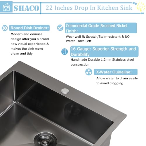 Image of SHACO 22x18 Inch Drop In Black Bar Sink, 22 Inch Gunmetal Black Outdoor RV Laundry Utility Sink, Stainless Steel 16 Gauge Single Bowl Prep Small Kitchen Sink with Strainer Drain