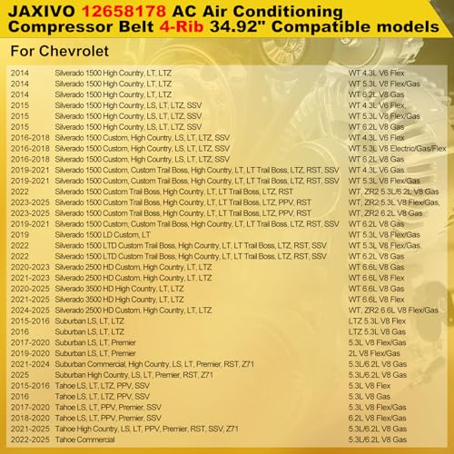 Image of 12658178 AC Air Conditioning Compressor Belt Compatible with 15-25 Escalade ESV 6.2L,14-25 Silverado /Sierra 1500 4.3L /5.3L /6.2L,15-25 Tahoe Yukon XL 5.3L /6.2L,Replace 4PK887SF 4040349S