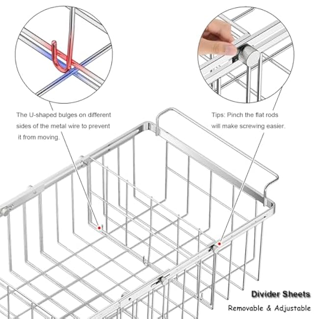 Orgneas Chest Freezer Organizer Bins, Capacity Expandable Deep Freezer Baskets Adjustable From 15.5 to 24.5 Metal Wire Storage with Removable Divider Sheets, 2Pcs
