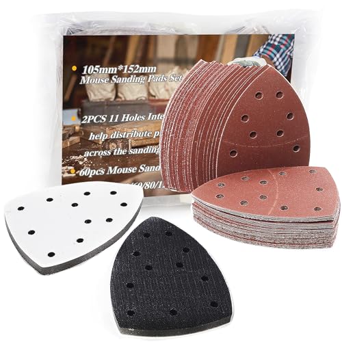 60pcs Mouse Sander Pads 11-Hole Mouse Sandpaper Sheets Grit 40-240 Sanding Sheets with 2pcs Detail Interface Pads for Mouse Sander Compatible for Bosch Multi-Sander PSM 100A/200 AES/PSM 18