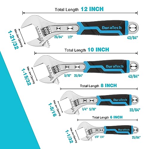 DURATECH 4-Piece Adjustable Wrench Set, 6-inch, 8-inch, 10-inch, 12-inch, 3-in-1 Spanner with Box End/Hex Function, CR-V Steel, Chrome-plated, Bi-material soft Grip, with Rolling Bag - Image 2