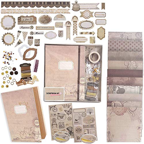 Product Image of the PICKME's D.I.Y Vintage Scrapbook Kits for Adults & Kids, Hardcover Fold-Out Scrapbook Album Including Stationery Set with Gold Embossed Stickers, Ribbons & Journaling Supplies. (8.5' x 6', 75Pc)