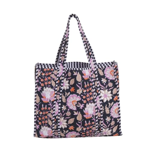 Image of LKGSM RUGS Cotton Tiger Block Print Tote Bag, Indian Handmade Shopping Shoulder Bag, Unisex Market Daily Use