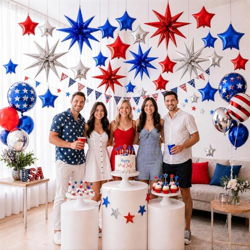 Image of Red Blue Silver Balloons 22 18 10 In 4th of July Patriotic Navy Royal Blue Red Explosion Star Foil Balloon for USA 250th Anniversary Fourth of July Independence Day Memorial Birthday Grad Party Decor