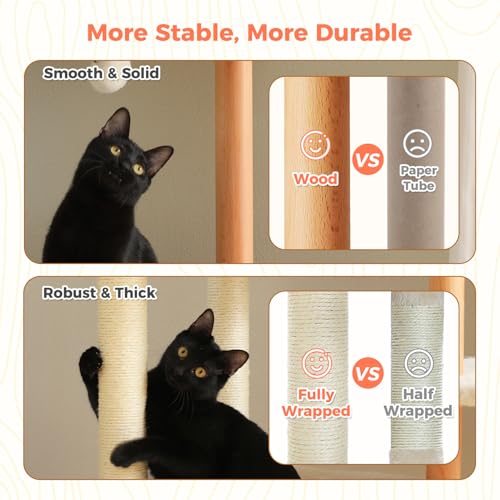 Image of 73 inch Tall Cat Tree for Large Cats, Wooden Cat Tower with Fully Sisal Covered Scratching Posts and Solid Wood Posts, Modern Cat Furniture with 2 Spacious Perch and Cozy Condo Beige