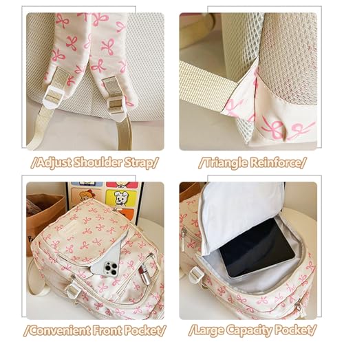 APLUSH 3Pcs Bow Backpack Set,Large Capacity Nylon Material Cute Daypack Set,Aesthetic Bow Rucksack with Built-In Organizer,White 14