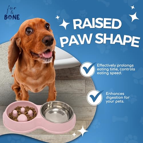 Fur & Bone Double Slow Feeder Dog Bowl | Raised Dog Bowl with Non-Slip Bottom | Stainless Steel Bowl | Detachable Raised Cat Bowl (Pink) - Image 5