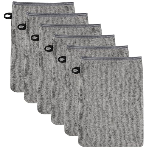 SREBIWO 6 Stück Mikrofaser Waschhandschuhe, 15x21cm Wiederverwendbare Make-up-Entferner-Handschuhe Waschlappen Weiches Gesichtshandschuh Seiftücher mit Aufhängeschlaufen (Grau)