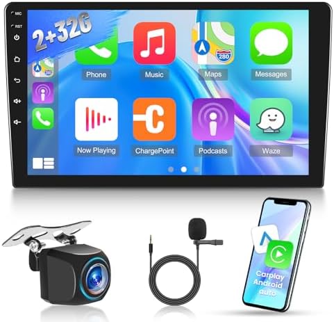 [2G+32G] 10.1 inch Android Double Din Car Stereo with Wireless CarPlay and Android Auto, 10 inch Touch Screen Radio with Mirror Link/1080P/EQ/WiFi/SWC/Bluetooth +AHD Backup Camera