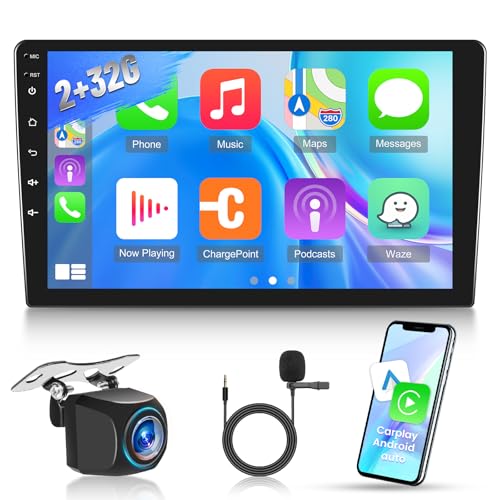 [2G+32G] 10.1 inch Android Double Din Car Stereo with Wireless CarPlay and Android Auto, 10 inch Touch Screen Radio with Mirror Link/1080P/EQ/WiFi/SWC/Bluetooth +AHD Backup Camera