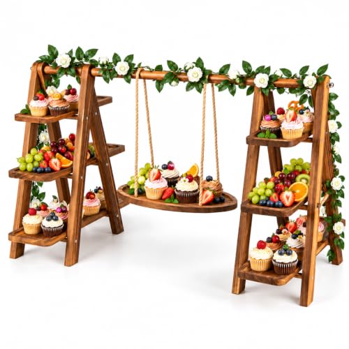 Tindisonka Wooden 3 Tier Cupcake Stand with Swing and Foldable Stand – Wood Dessert Display, Cupcake Swing Stand, Charcuterie Board, Serving Tray Set, Rustic Wooden Food Display for Parties