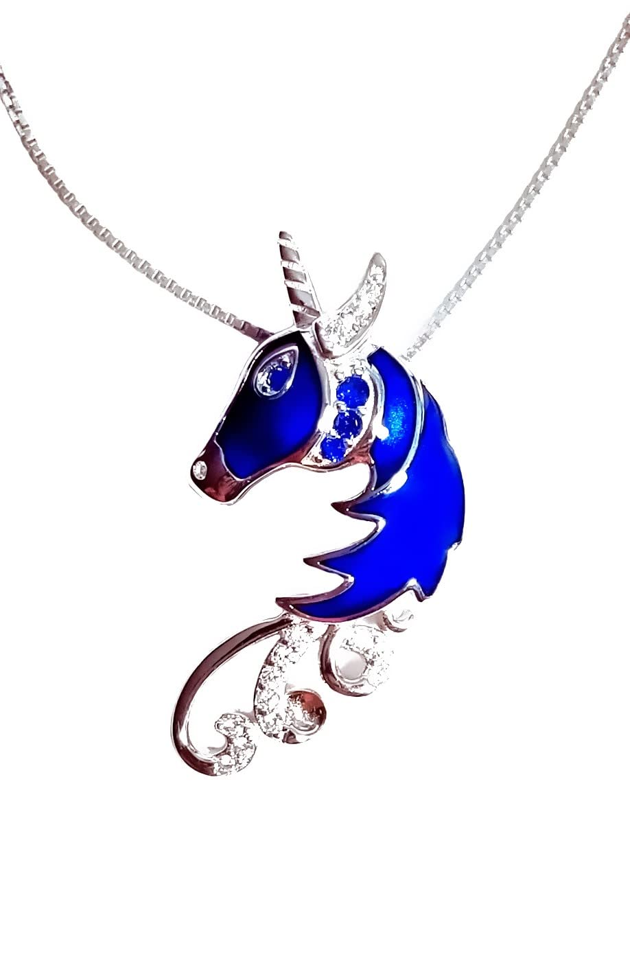Preziosa Unicorn Necklace Pendant Jewelry 925 Sterling Silver with Blue Enamel and Cubic Zirconia, enamel, Cubic Zirconia