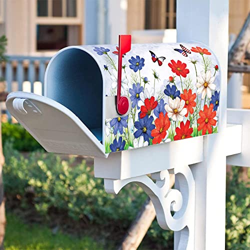 Image of Texupday USA Patriotic Butterfly Pansies Floral July 4th Mailbox Cover with Magnetic Strip Memorial Day Mailbox Wraps Post Letter Box Cover Standard Size 21 inch X 18 inch for Garden Outdoor Yard Decor