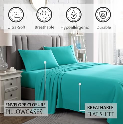 American Home Collection Twin Size Sheet Set - 16-Inch Deep Pocket - Ultra Soft Microfiber Bed Sheets - Breathable, Wrinkle Free, Easy Care - Oeko-Tex Certified (Twin, Turquoise)