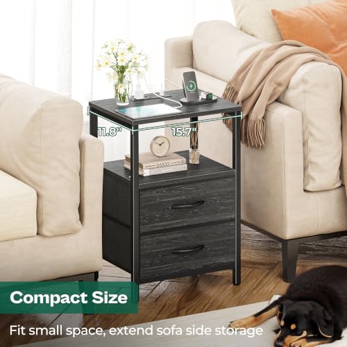Image of Huuger Nightstand with Charging Station, Side Table with Fabric Drawers | Bedside Table with USB Ports and Outlets, Night Stand for Bedroom, Bed Side Table, Charcoal Black Wood Grain Print