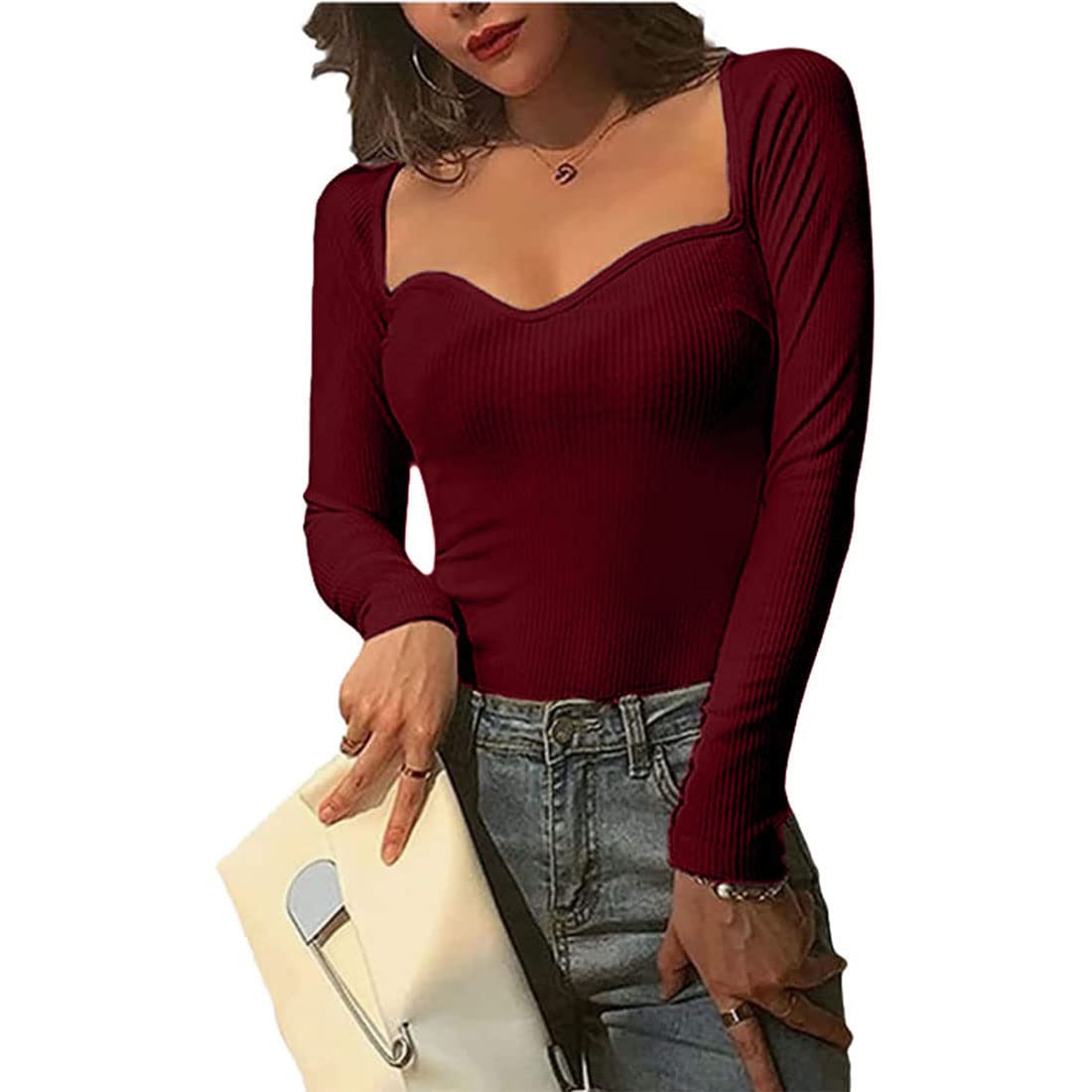 Solid Sweetheart Neck Long Sleeves Regular Fit Casual Ribbed Tops for Women