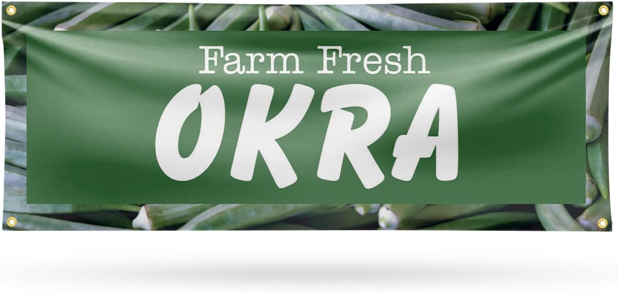 Farm Fresh Okra Banner Sign 18 Inch x 48 Inch | 13 oz Vinyl with Metal Grommets | Heavy-Duty Single-Sided Outdoor Durable Printed High-Quality Weatherproof | Made in the USA