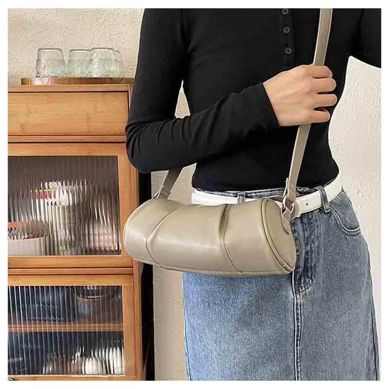 Retro hand-held PU cylindrical bag for women, niche pleated texture, commuting shoulder bag, crossbody bag2