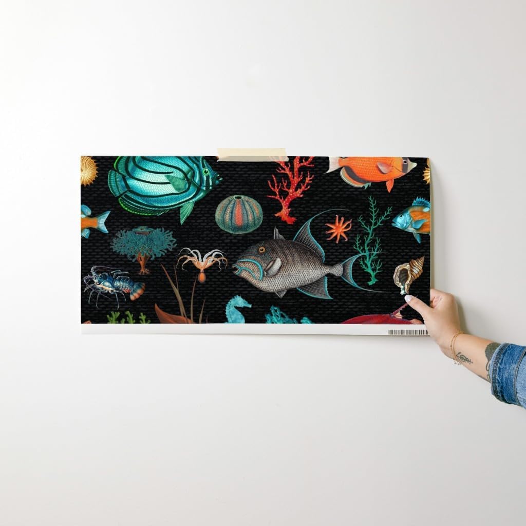 Peel & Stick Wallpaper Swatch - Black Nautical Sea Life Vintage Style Ocean Fish Coastal Tropical Custom Removable Wallpaper by Spoonflower