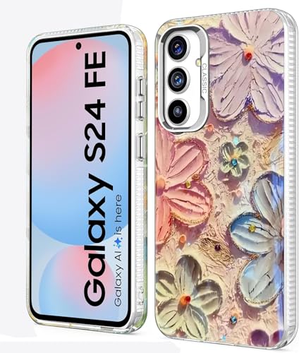 Image of Elzzi Compatible with Samsung S24 FE 5G Case Laser Flower Oil Painting Cute Colorful Blue Ray Bumper with Full Camera Protection Shockproof PC+TPU Glossy Shiny Cover for Girls Women, Pink
