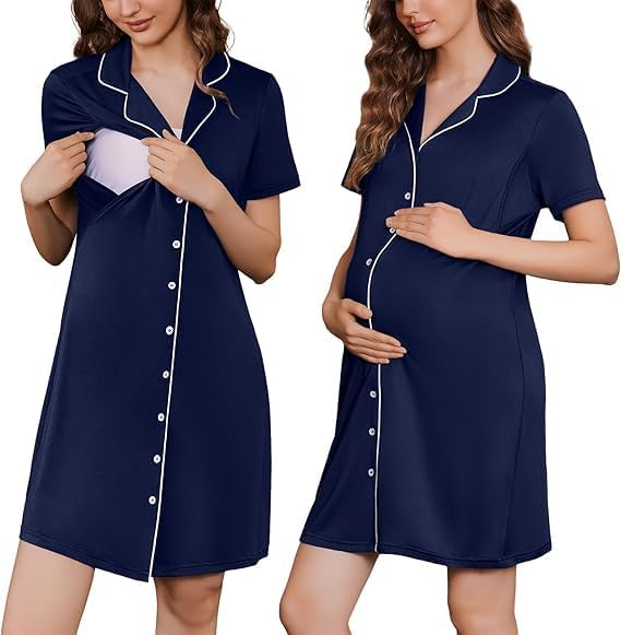 ELESOL Button Down Nursing Nightgown V Neck Breastfeeding Dress Short Sleeve Classic Maternity Pajamas