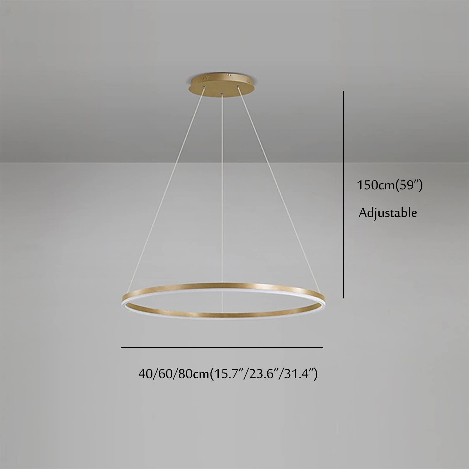 Lámpara colgante LED de anillo único, estilo nórdico moderno, regulable y regulable sin paso, ideal para mesa de comedor, isla de cocina y salón, blanca, 80 cm, 50 W (Gold Warm White, 60 cm, 38 W)