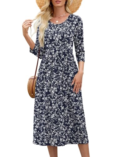 Heymoments Midi Dress for Women Floral X-Large Crewneck 3/4 Sleeves Wedding Guest A line Casual Flowy Swing Party Vintage Spring Fall Winter Travel 2026 Long Dresses with Pocket