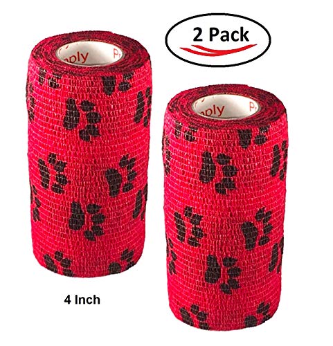 Image of Vet Wrap Wrap Tape (Red with Paws) (2 Pack) (4 Inch x 15 feet) Self Adhesive Adherent Adhering Cohesive Flex Self Stick Bandage Grip Roll Dog Cat Pet Horse