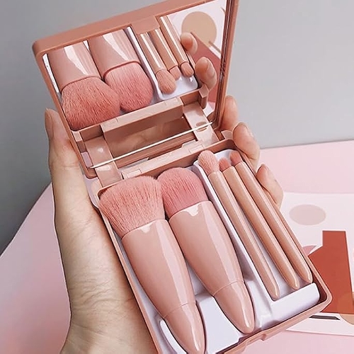 5 peças Conjunto de pincéis de maquiagem portátil tamanho de viagem com espelho, pincéis de maquiagem fáceis de levar, mini kit de maquiagem com função completa, caixa de pincéis cosméticos, pincel