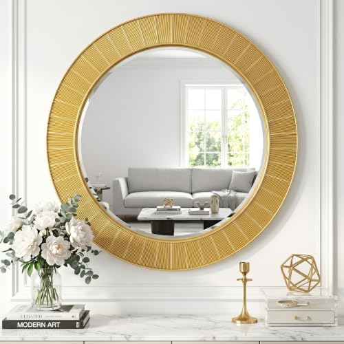 Image of Uniclinens Gold Round Wall Mirror - Modern Large Coastal Round Mirror Decor with Clean Lines, Sun-Shaped Circle Wall Decor Art for Bathroom Entryway Fireplace Living Room Bedroom Hallway,31 inch