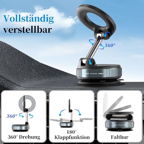PlusAcc Vakuum Handyhalterung Auto für Magsafe - 360° Drehbar Zusammenklappbar Tragbar Magnetisch Handy Halter für 17/16/15/14/13/12 an Windschutzscheibe/Armaturenbrett/Spiegel befestigt 4