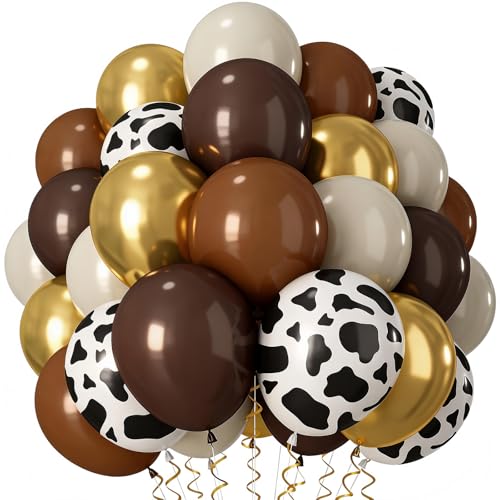 Image of Cow Brown Balloons, 60Pcs 12 Inch Cow Print Coffee White Metallic Gold Latex Balloon, Tan Nude Neutral Beige Helium Balloons for Farm Western Theme Cowboys Cowgirls Birthdays Baby Shower Party Decor