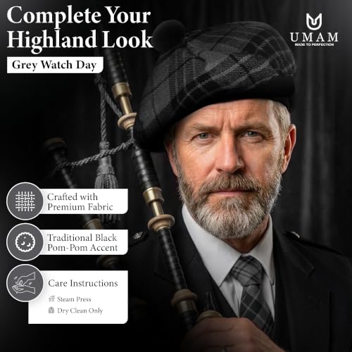 Image of Scottish Tam O' Shanter Hat Tartan Bonnet Pom Pom Wool Flat Cap One Size