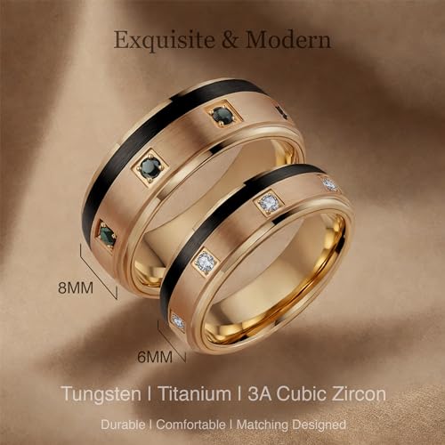 LerchPhi Matching 6mm & 8mm Tungsten Carbide Bands, His and Hers Wedding Ring Sets, Clear and Black CZ Stones Pave, Custom Engraveable2