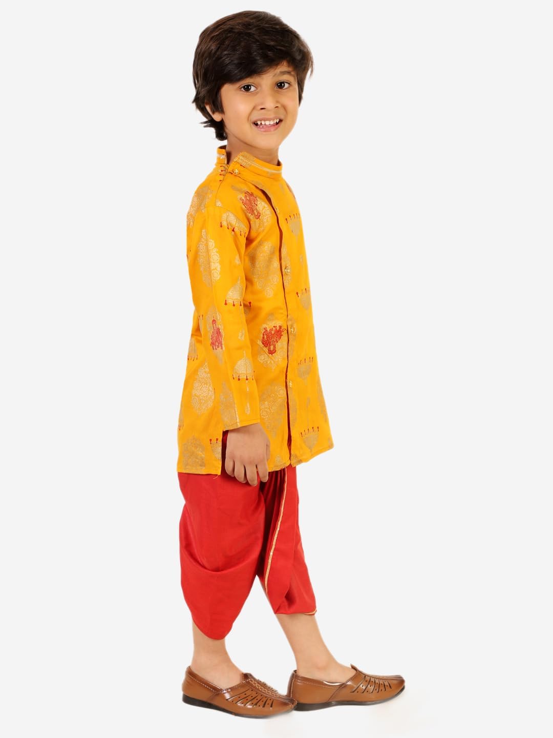 Superminis Boy's Golden Foil Printed Side Open Cotton Kurta, Round Collar, Full Sleeves With Cream Color Dhoti, Kurta Set - Image 5