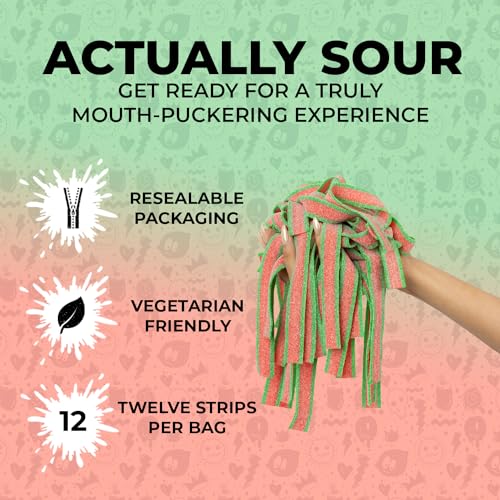Sour Strips Sour Candy Belts, Watermelon, Resealable Candy Bags, 3.4 Ounce (Pack of 3)