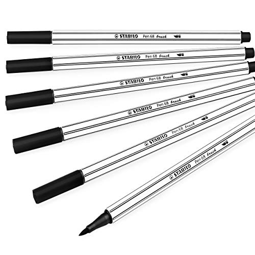STABILO - Premium Fasermaler mit Pinselspitze Pen 68 Pinsel - Brieftasche mit 6 Stück - Schwarz