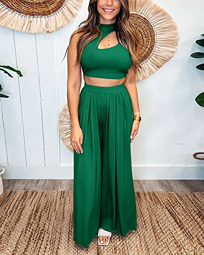 Btfbm Women 2 Piece Outfits Spring Summer Tracksuits Mock Neck Sleeveless Cutout Crop Top Wide Leg Long Pants Sweatsuits(Solid Green, X-Large) #TOP2