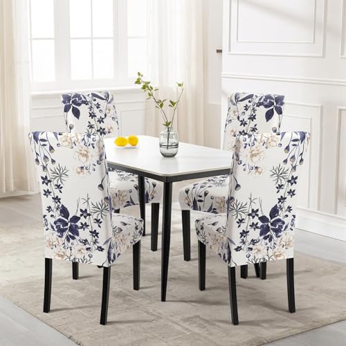 Image of SearchI Printed Dining Room Chair Covers Set of 4, Stretch Kitchen Chair Covers Washable Parsons Chair Slipcover Removable Dining Chair Protectors for Hotel,Ceremony(Blue Flowers)