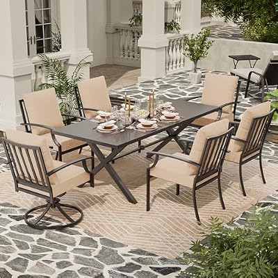 ASJMR 7 Piece Outdoor Dining Set for 6, Metal Patio Table and Chairs with Cushions, Patio Furniture Set with 2 Swivel Chairs, Rectangular Patio Dining Table with Umbrella Hole, Lawn Deck, Yard-Sand