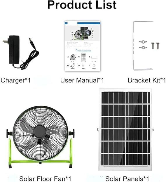 14-Inch Portable Floor/Table Fan Rechargeable Fan with Solar Panel & AC Charger Dual Input - Ideal for Indoor (Home & Office) & Outdoor (Camping, Fishing) Use