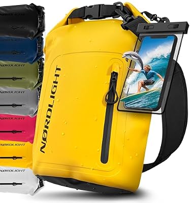 Nordlight Dry Bag Sacca Impermeabile + Custodia per Cellulare + Chiusura Arrotolabile, Tracolla | Zaino Impermeabile Sacca Stagna Borsa | Spiaggia, Canoa, SUP, Immersioni - Giallo, 20 Litri