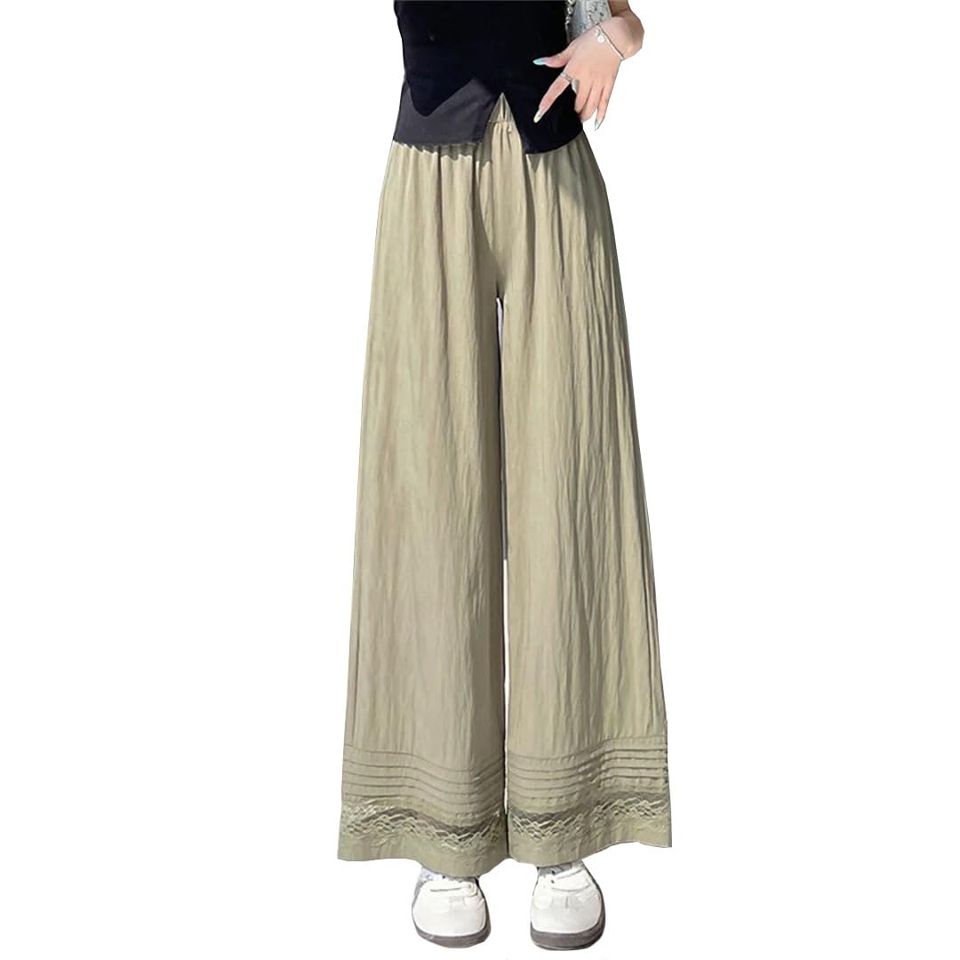 Pantaloni da donna a nove punti a gamba larga con cuciture in pizzo pantaloni eleganti larghi dritti a vita alta