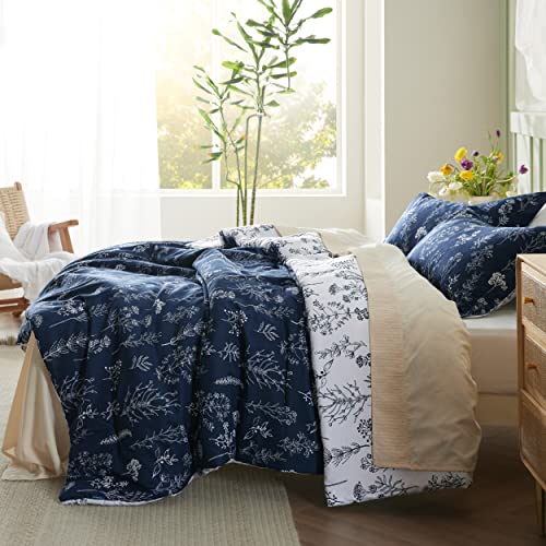 Image of Bedsure Queen Comforter Set - Navy Bed Set, 3 Pieces Cute Floral Bedding, 1 Soft Reversible Botanical Flowers Comforter and 2 Pillow Shams
