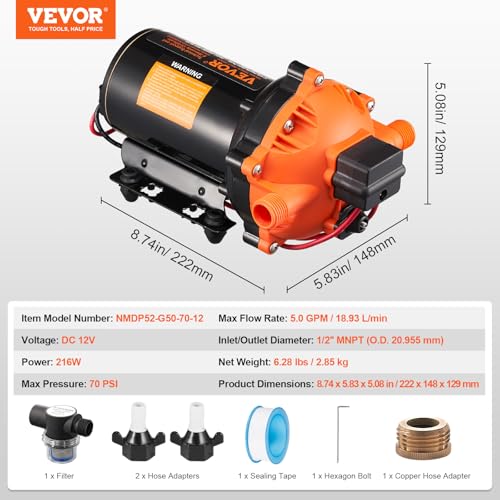 VEVOR 12-V-Membranpumpe, 18,93 L/min, 5-Kammer-DC-Wasserpumpe mit automatischem Druckschalter 40–100 PSI einstellbar, 70 PSI, 1/2 Zoll MNPT-Anschluss, für Wohnmobil, Yacht, Imbisswagen, Camper, Marine