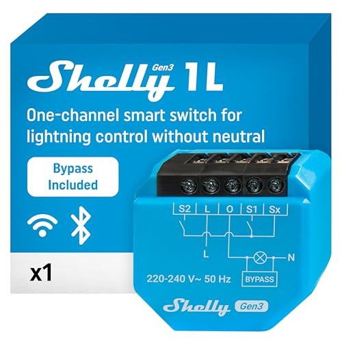 Shelly 1L Gen3 mit Bypass, WLAN Smarter Schalter, 1 Kanal, Alexa und Google Home, Kein Hub erforderlich, Fernsteuerung, Kein Neutralleiter erforderlich, Unterputzmontage, Steuert Lasten über 5 W