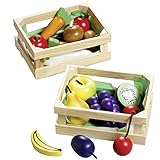 Obst und/oder Gemüse in 2 Holzkisten 2 gefüllte Holzkisten mit verschiedenen Obst- und Gemüsesorten aus Holz.   Maße der Holzkiste:13,5 x 10 x 6 cm  Achtung: Nicht für Kinder unter 3 Jahren geeignet  TÜV-Geprüftes sicheres Spielzeug  Lieferumfang: 2 gefüllte Kisten
