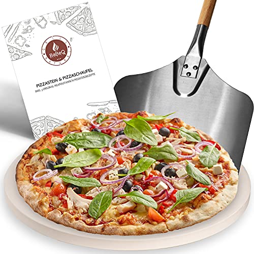 BABEQ - Pizzastein für Grill & Backofen inkl. Pizzaschieber - Pizza-Ofen-Stein rund 38cm Durchmesser 1,5cm dick mit Pizzaschaufel - Steinplatte für Gasgrill, Elektrogrill, Holz-Kohlegrill & Backofen