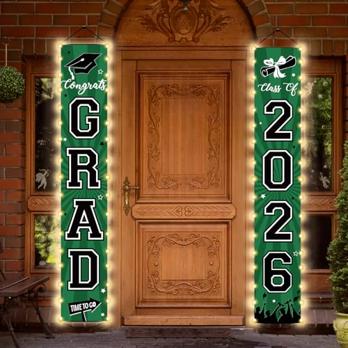 Image of 2026 Graduation Banners Lighted Decor Class of 2026 Congrats Grad Porch Sign Party Banners Supplies with LED Light Welcome Hanging Door Decorations for Indoor Outdoor(Green and Black)